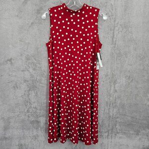 Signature Robbie Bee Swing Dress S Rust Red Ivory Texture Polka Dot Tie Back New